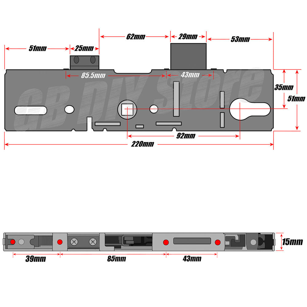 ERA 6035 Deadbolt Gearbox dimensions 35mm Backset 16mm Face Bar